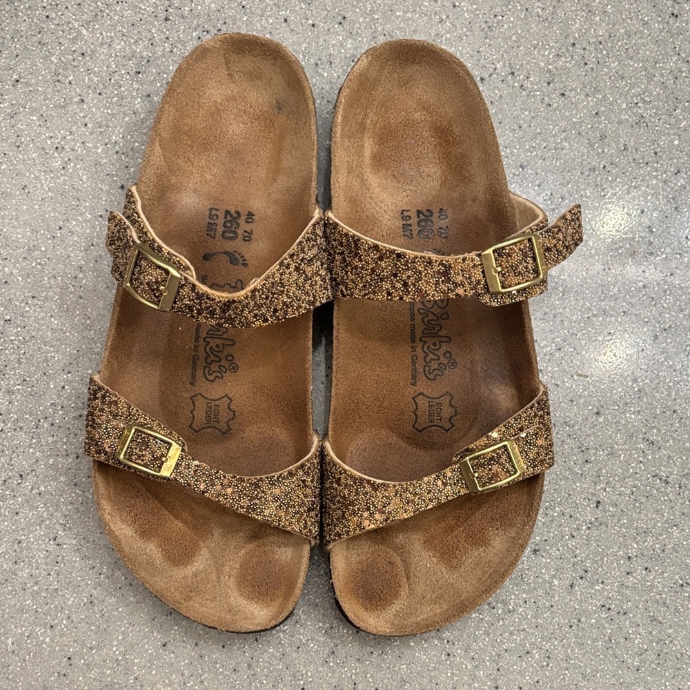 Birkenstock Textured Tan and gold sequin Sandals with Gold Buckles